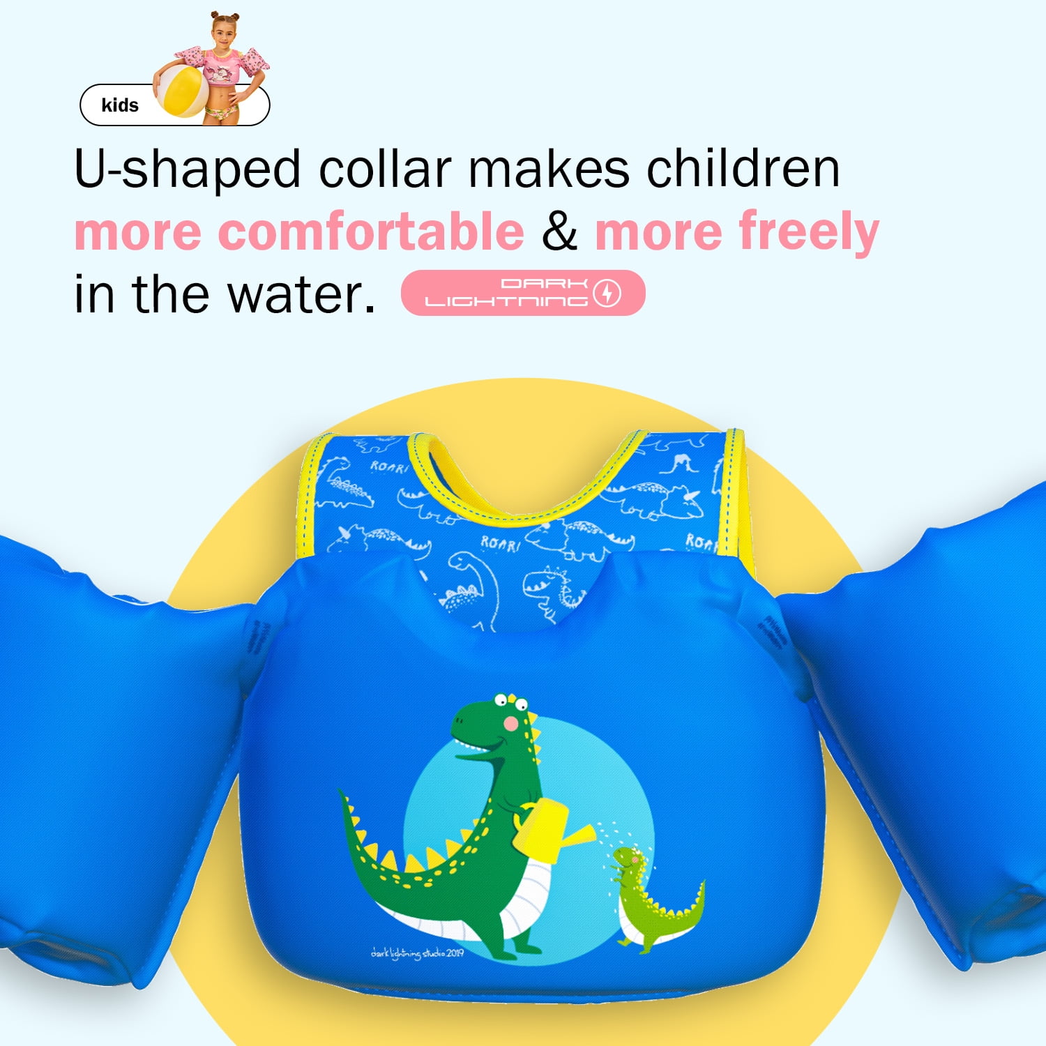Dark Lightning Coast Guard Approved Life Jacket for Kids, Toddler Swim Vest with Arm Floats for Pool,Dinosaur