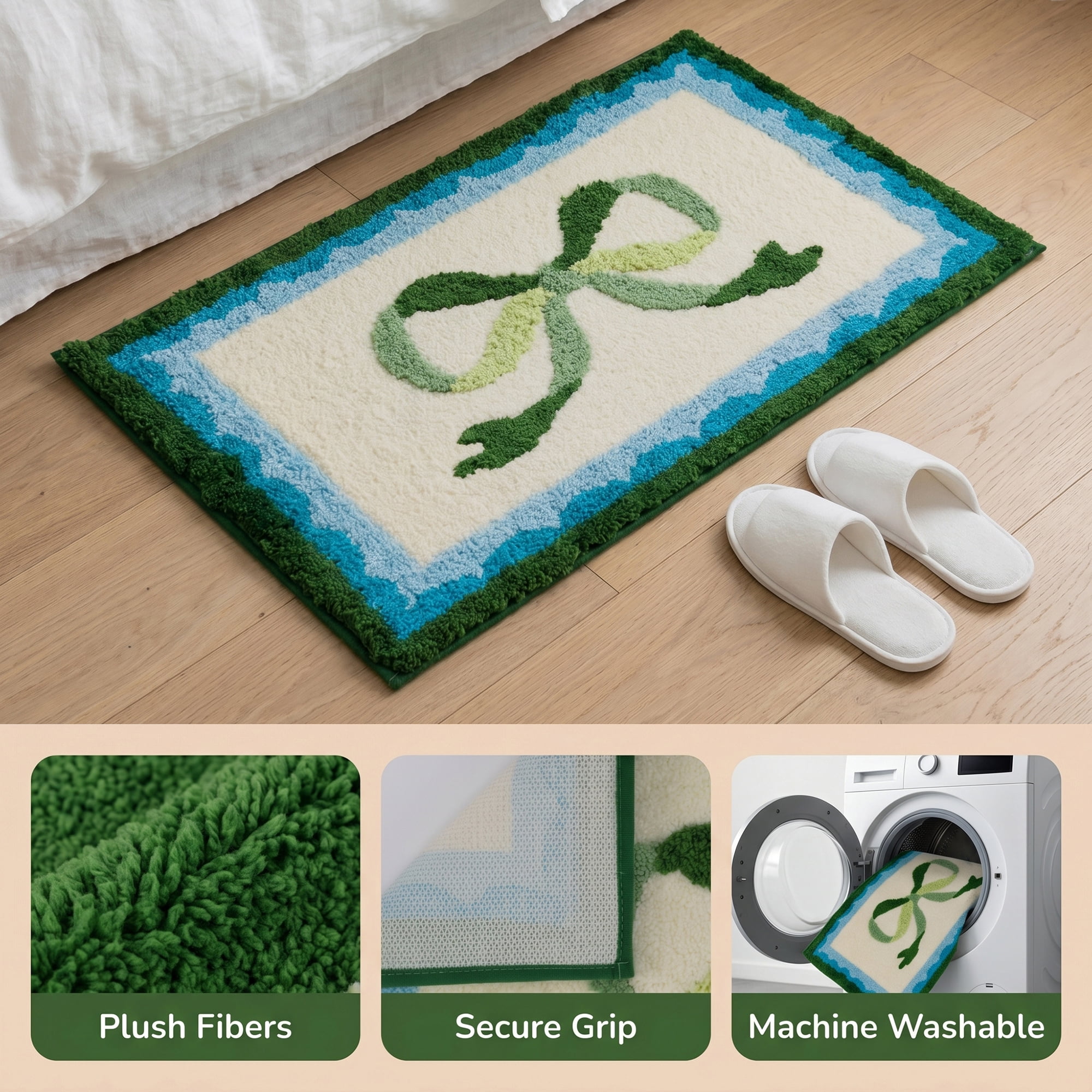 Unique Bargains Aesthetic Printed Soft Absorbent Shaggy Bath Mat Green Blue 32" x 20"