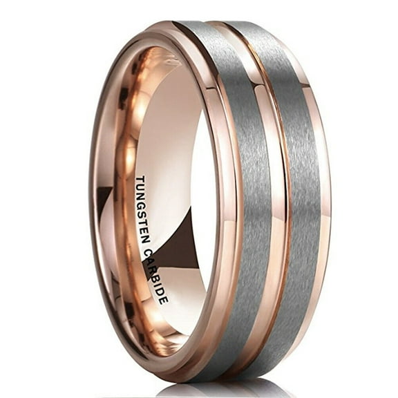 Wedding Ring Men Women 8mm Rose Gold Double Line Silver Matte Tungsten Band