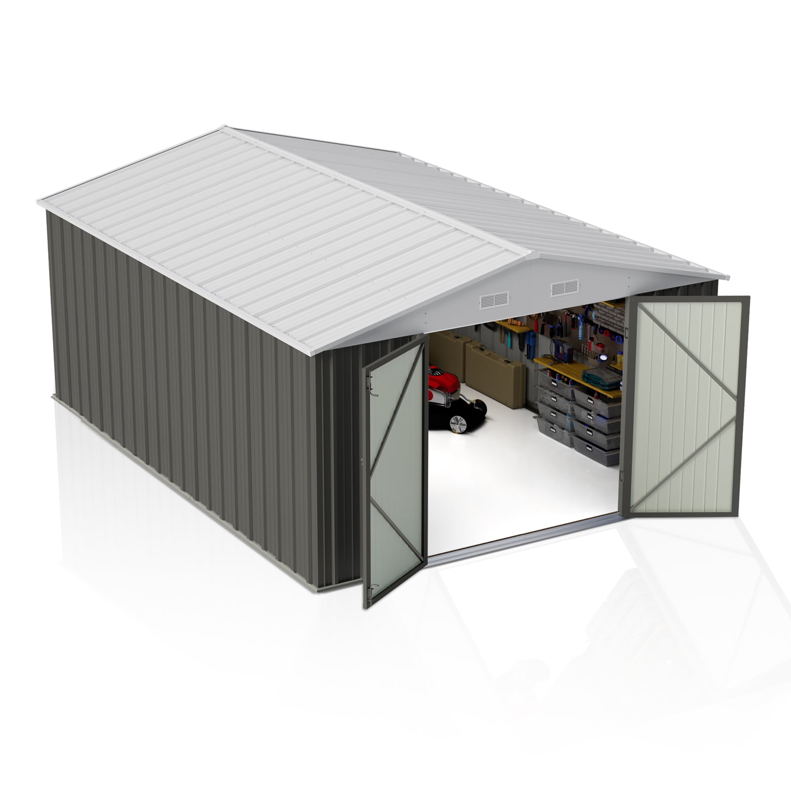 Patiowell,Outdoor Storage Shed Metal 10x14FT,Gray-White for Patio Garden Tool Storage
