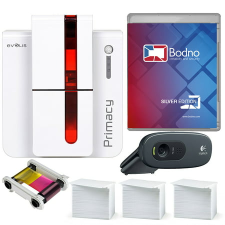Evolis Primacy Dual Sided ID Card Printer & Complete Supplies Package with SILVER Bodno ID Software and (Best Printer For Card Making)