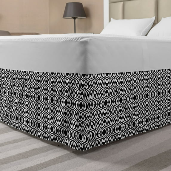 Abstract Bed Skirt, Retro Times Themed Monotone Pattern of Circular and Drop Shapes Print, Elastic Bedskirt Dust Ruffle Wrap Around for Bedding Decor, 4 Sizes, Charcoal Grey and White, by Ambesonne