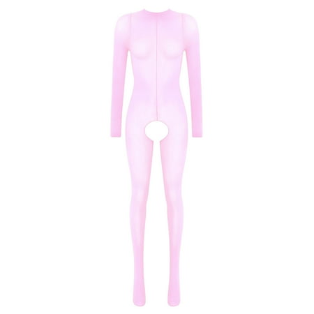 YONGHS Woman s Bodystocking Lingerie Long Sleeve See-through Hollow Out Bodysuit Sheer Mesh Jumpsuit Pink Crotchless One Size
