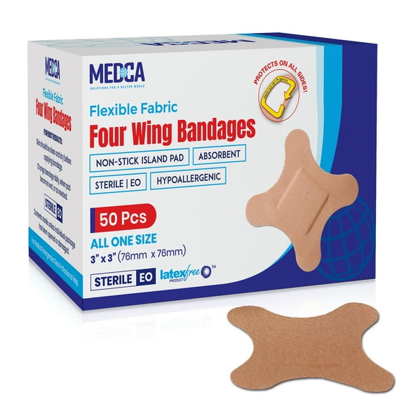 MEDca Four Wing Fabric Bandages, 3" x 3", 50 Count, Latex-Free, Sterile