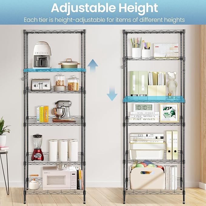 Sailvan 6-Tier 63"H Metal Storage Rack with Wheels, Slim Wire Shelving Unit for Pantry Kitchen Bathroom, Adjustable Shelves with Hooks, 530lbs Cap,Black