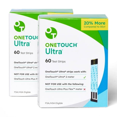 OneTouch Ultra Test Strips for Diabetes - 120 Count Diabetic Test Strips | Blood Sugar Test Strips for Blood Glucose Monitor Kit (2 Boxes, 60 Diabetes Test Strips Each)