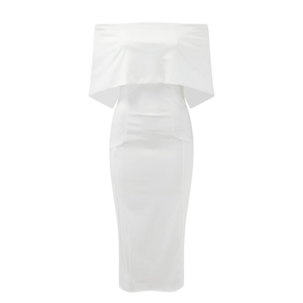 Homely White Dress Ladies' One-Word Collar Turn-Over Shoulder Slim