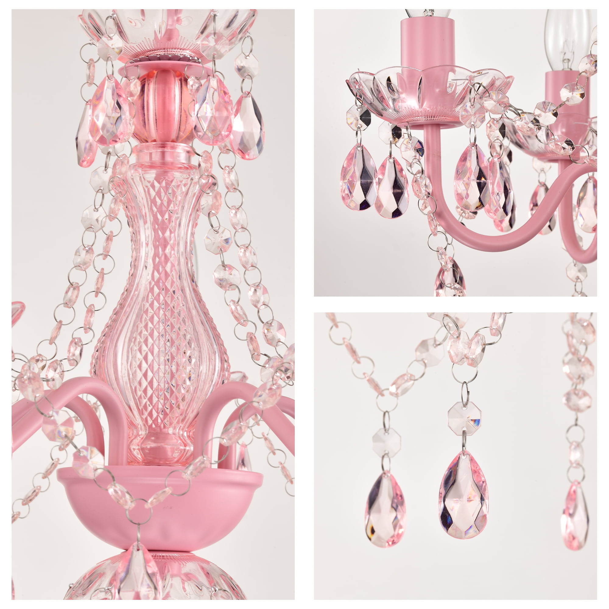 LALULA Modern Pink Finish Plug-In Crystal Chandelier 5-Light Acrylic Hanging Light Fixture with Cord for Bedroom Dining Room