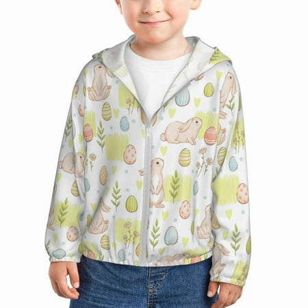 

Sun Hoodie for Kids Painted Cute Rabbit Flower Eggs Long Sleeve Swim Fishing Shirts Sun Protection Zip Up Jacket Clothing Athletic Hoodie
