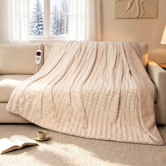 CalFancy Heated Blanket 50"x72", Oversized Faux Fur Electric Blanket with 6 Heat Settings 4H Timer ETL&FCC Certified, OEKO-TEX Fabric, Machine Washable, Beige