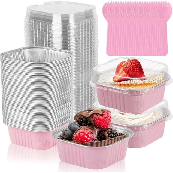 60 Pack 10oz Mini Cake Pans with Lids, 4.4x4.4 Inch Aluminum Foil Square Baking Cups with Spoons, Disposable Large Baking Cake Cup Containers with Lids for Party, Wedding, Birthdays, Pink
