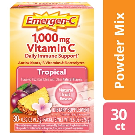 Emergen-C (30 Count, Tropical Flavor) Dietary Supplement Fizzy Drink Mix with 1000 mg Vitamin C, 0.32 Ounce Packets, Caffeine