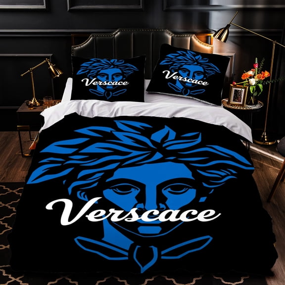 3-Piece Duvet Cover Set - Luxurious Black & White Design with Stylized Blue Face - Modern Bedroom Decor