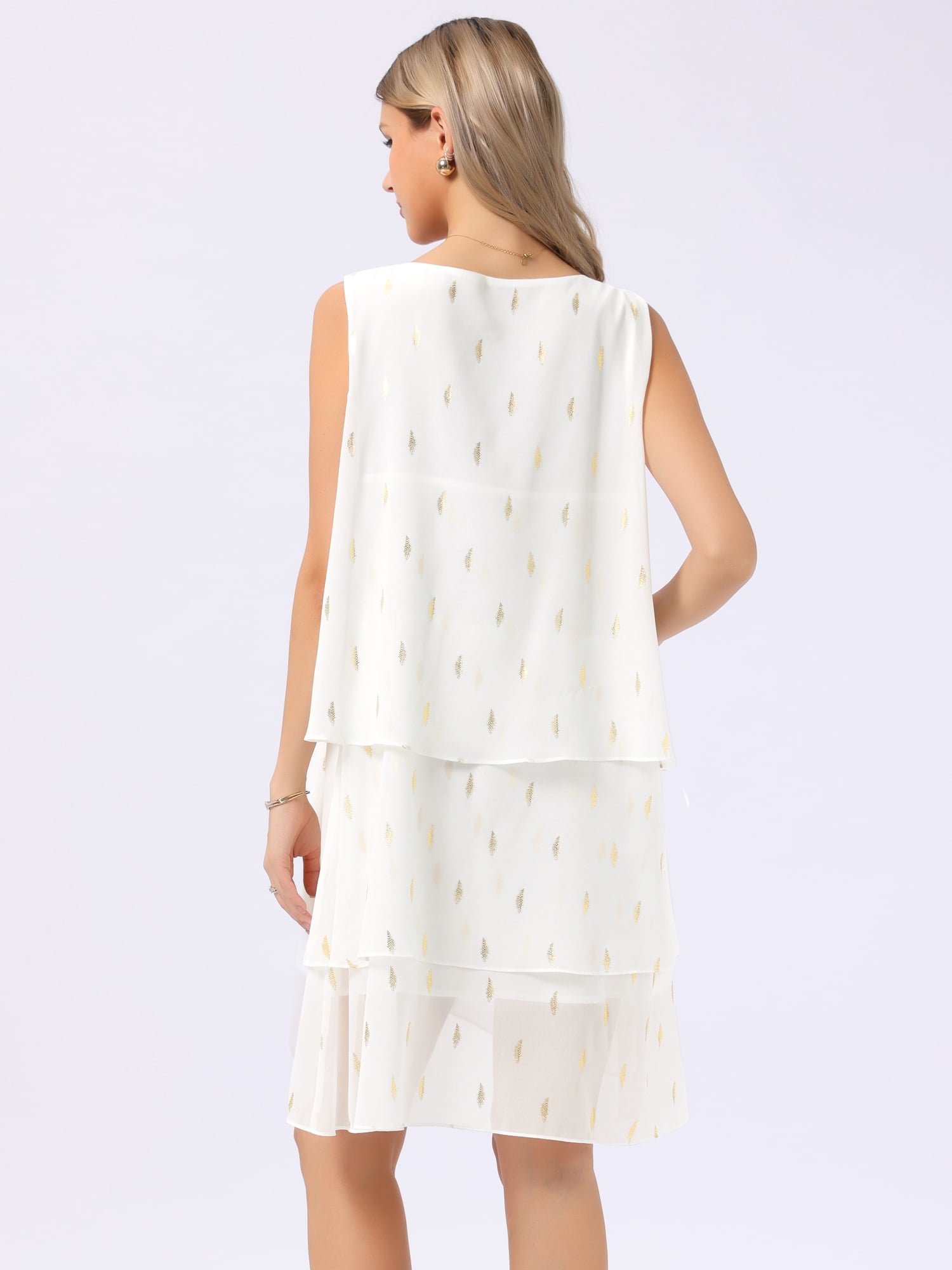 DARING DIVA Women's Party Sleeveless Crewneck Tiered Layered Chiffon Flowy Dress L White