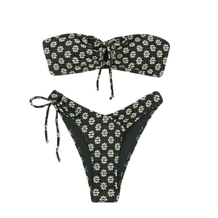 Arnsht Women s Floral Jacquard Bandeau Bikini Set Drawstring Tie High Cut Bikini Swimsuit Summer Fashion Comfortable Breathable Swimsuit Black S