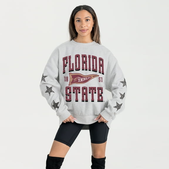 Women's Gameday Couture Ash Florida State Seminoles Oversized Pennant Pride Rhinestone Star Sleeve Sweatshirt