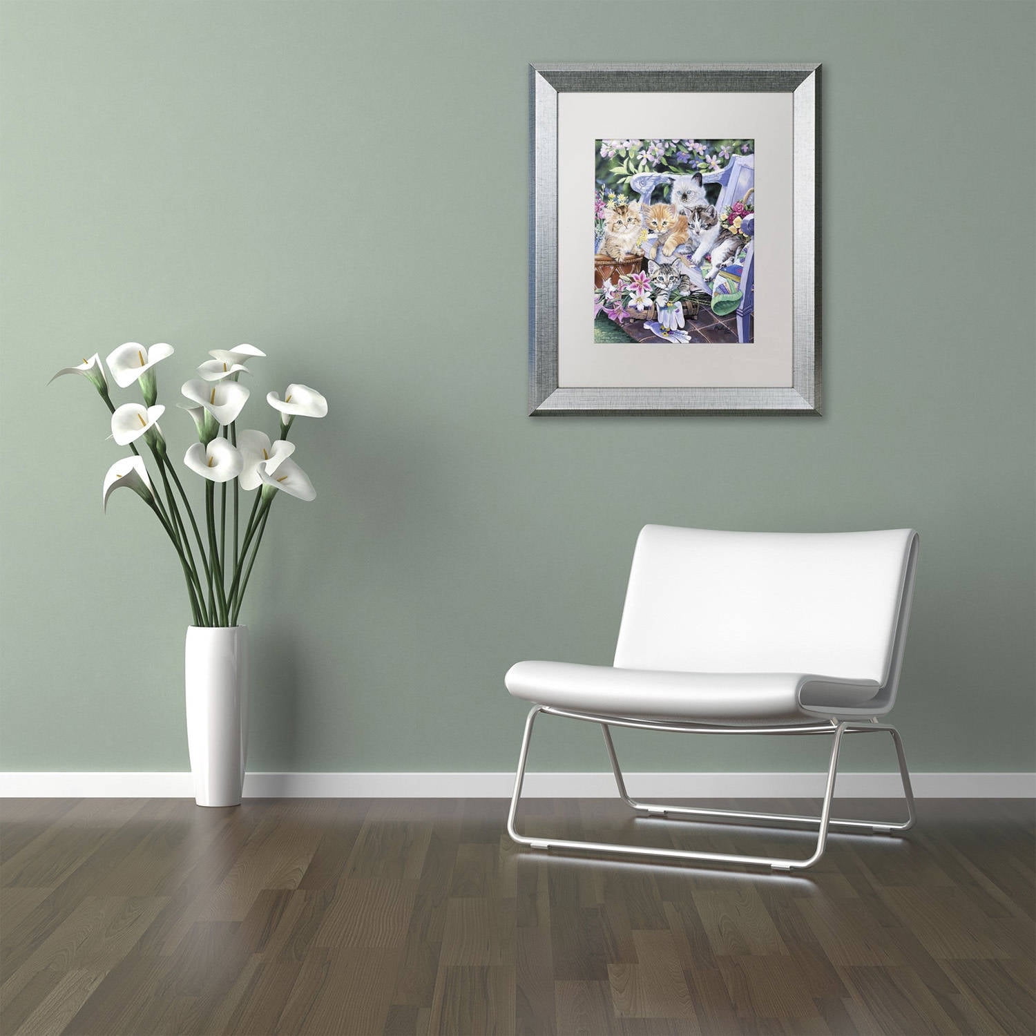 Trademark Fine Art 'Purfect Gardening Buddies' Canvas Art by Jenny Newland, White Matte, Silver Frame
