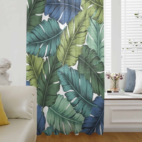 Summer Tropical Leaves Semi Sheer Curtains Drapes for Living Room,Bedroom,French Doors Window 108 Inches Long,Blue Green Botanical Leaf Plants Rod Pocket Chiffon Curtain Drapery Voile Drape Panel