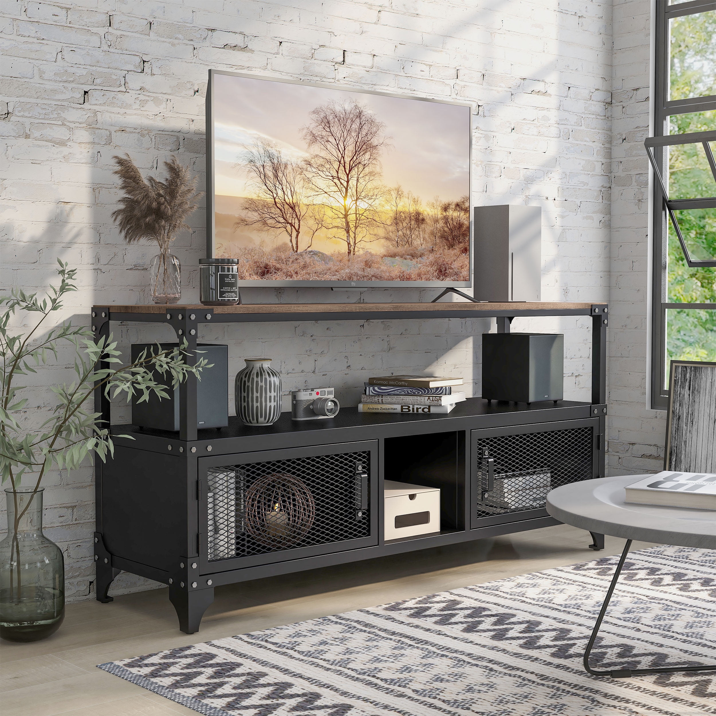 Furniture of America Jordun Industrial Metal 60 in TV Stand in Sand Black