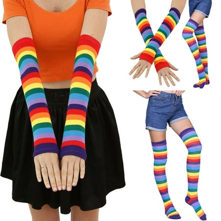 New Women Socks Thigh High Striped Slim Leg Stockings Rainbow Arm Hand Mitten (Best Way To Slim Down Thighs And Hips)