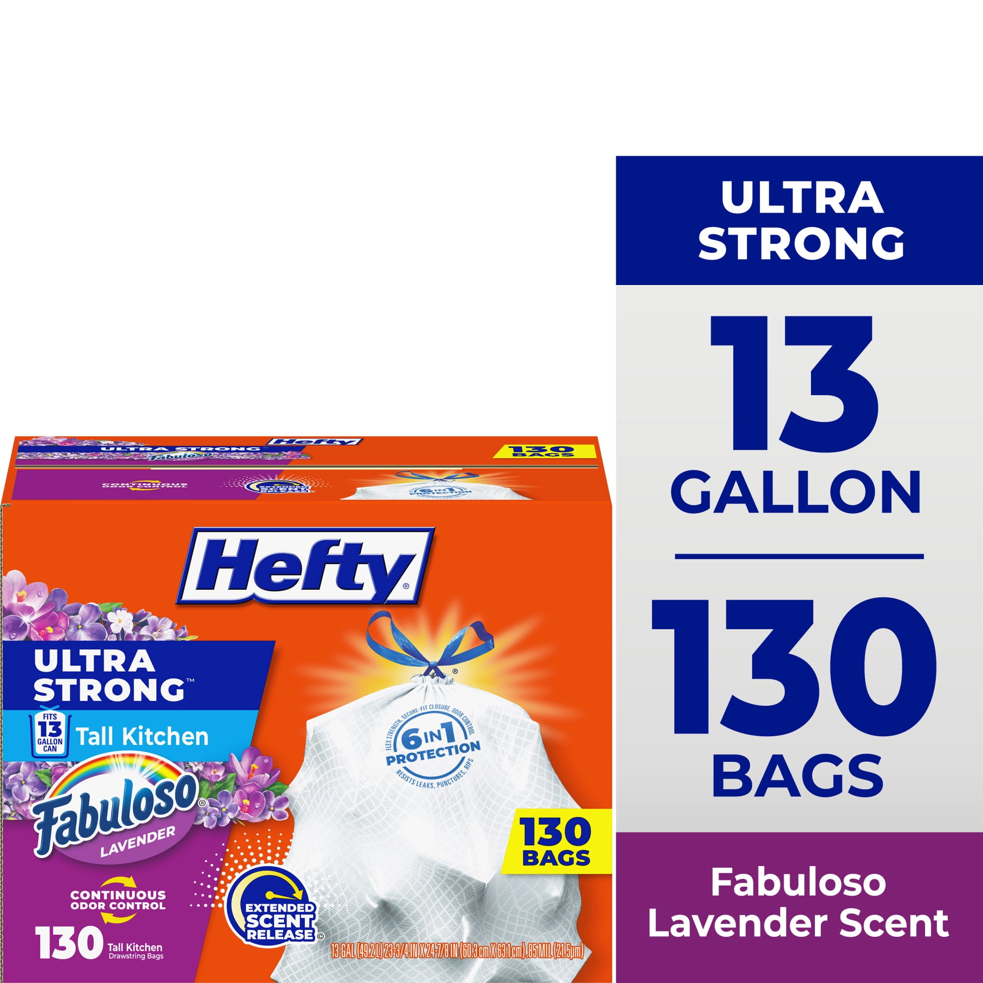 Hefty Ultra Strong 13 Gallon Trash Bags, Tall Kitchen Trash Bags, White, Fabuloso Lavender Scent, 130 Bags