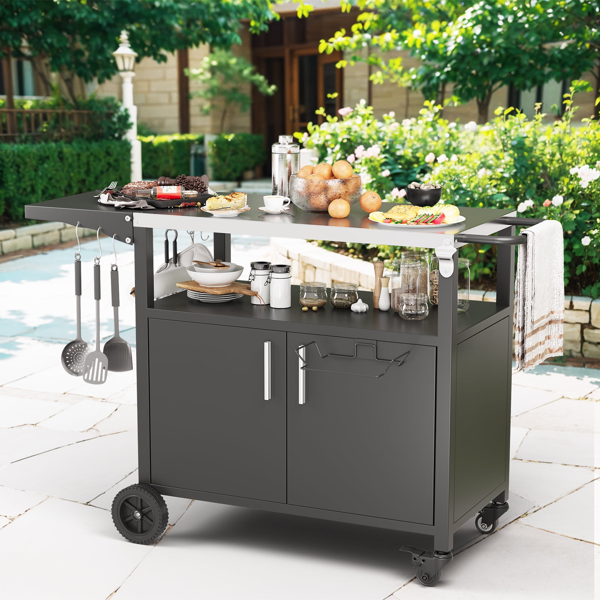 Walsunny Outdoor Grill Cart with Storage Cabinet, Outdoor Kitchen Island on Wheels, BBQ Grill Prep Table Movable Patio Storage Counter Foldable Tabletop, Black