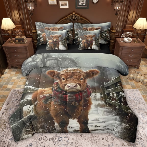 jejeloiu Cute Highland Cow 7-Piece Twin Bedding Sets,Rustic Farmhouse Cabin Bedding Comforter Set For Boys Girl Reversible