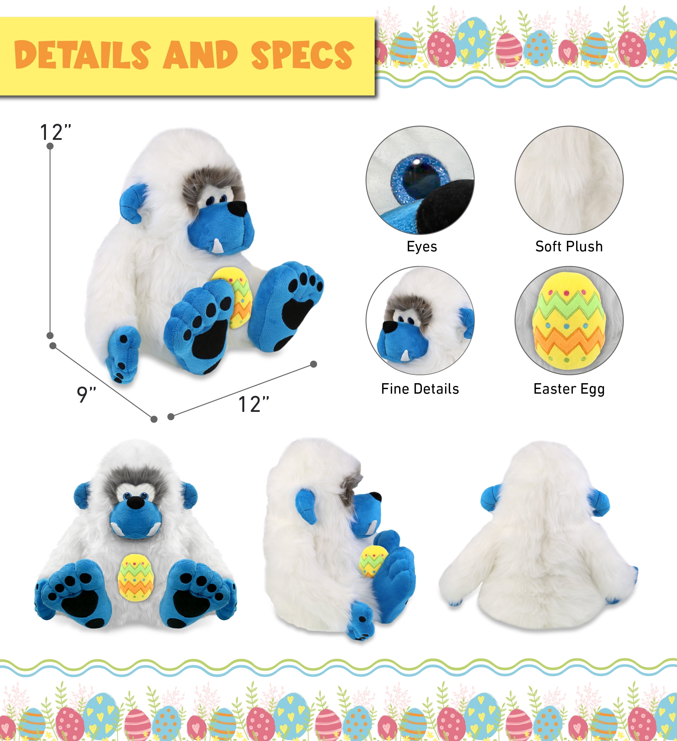 DolliBu Super Soft Yeti with Yellow Easter Egg Plush - Perfect Yeti Stuffed Animals for Easter Basket, Cute Easter Egg Stuffed Animal Spring Toys for Girls, Boys, and Babies - 12 Inches