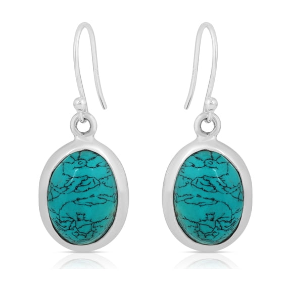 Natural Turquoise Gemstone Earrings Dangle Style with Oval Shape for Women in 925 Sterling Silver with Fish Hook Backs Handmade Boho Drop Jewelry for Gift  Anniversary Birthday & Special Occasions