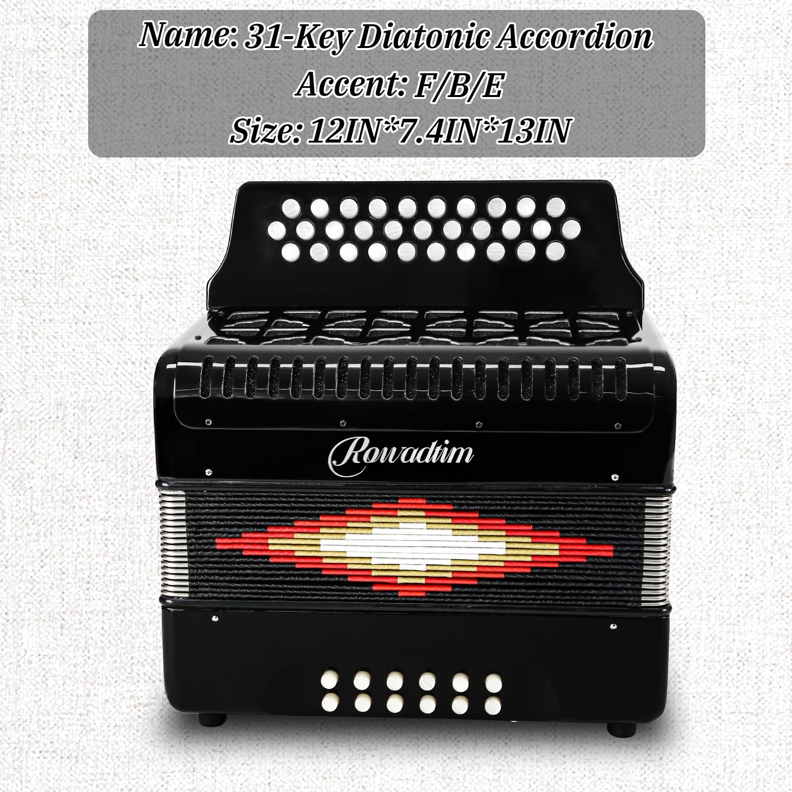 Rowadtim 31-Key Accordions, 12-Bass Diatonic Accordion, Ideal for Beginners; Tuned to F/B/E, Perfect for Musicians and Teachers; Comes with a Carrying Case, Shoulder Strap, Gloves（Black）