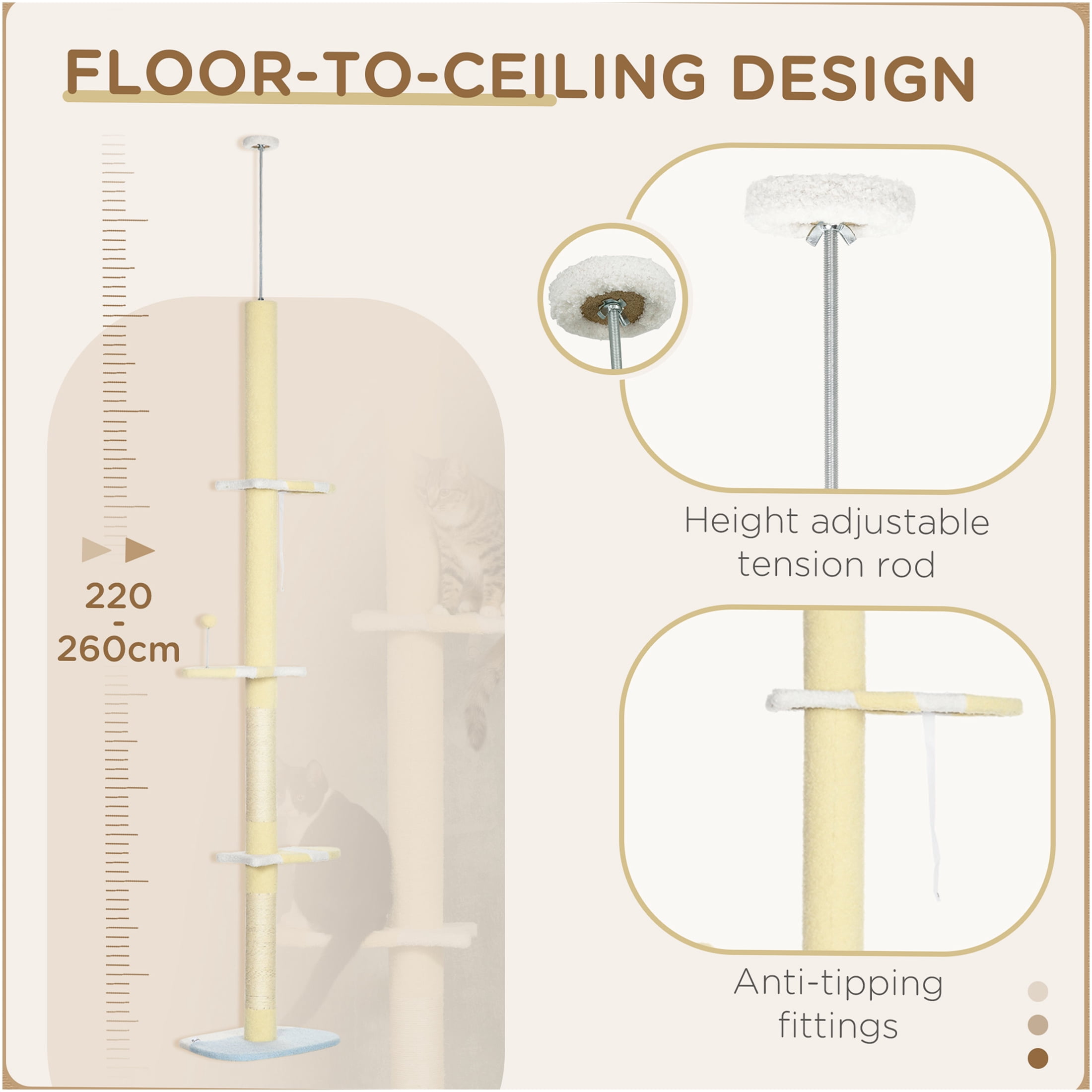 JERFIT 87"-103" Adjustable Cat Tree Tower with Plush Perches, Sisal Scratching Posts & Toy, Extra Tall Floor to Ceiling Cat Climber for Indoor Cats, Yellow