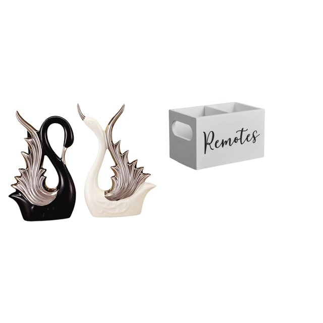 Elegante escultura de cisne de cerámica y organizador remoto para estantería, mesa, mesita de noche, oficina, aniversario, decoración