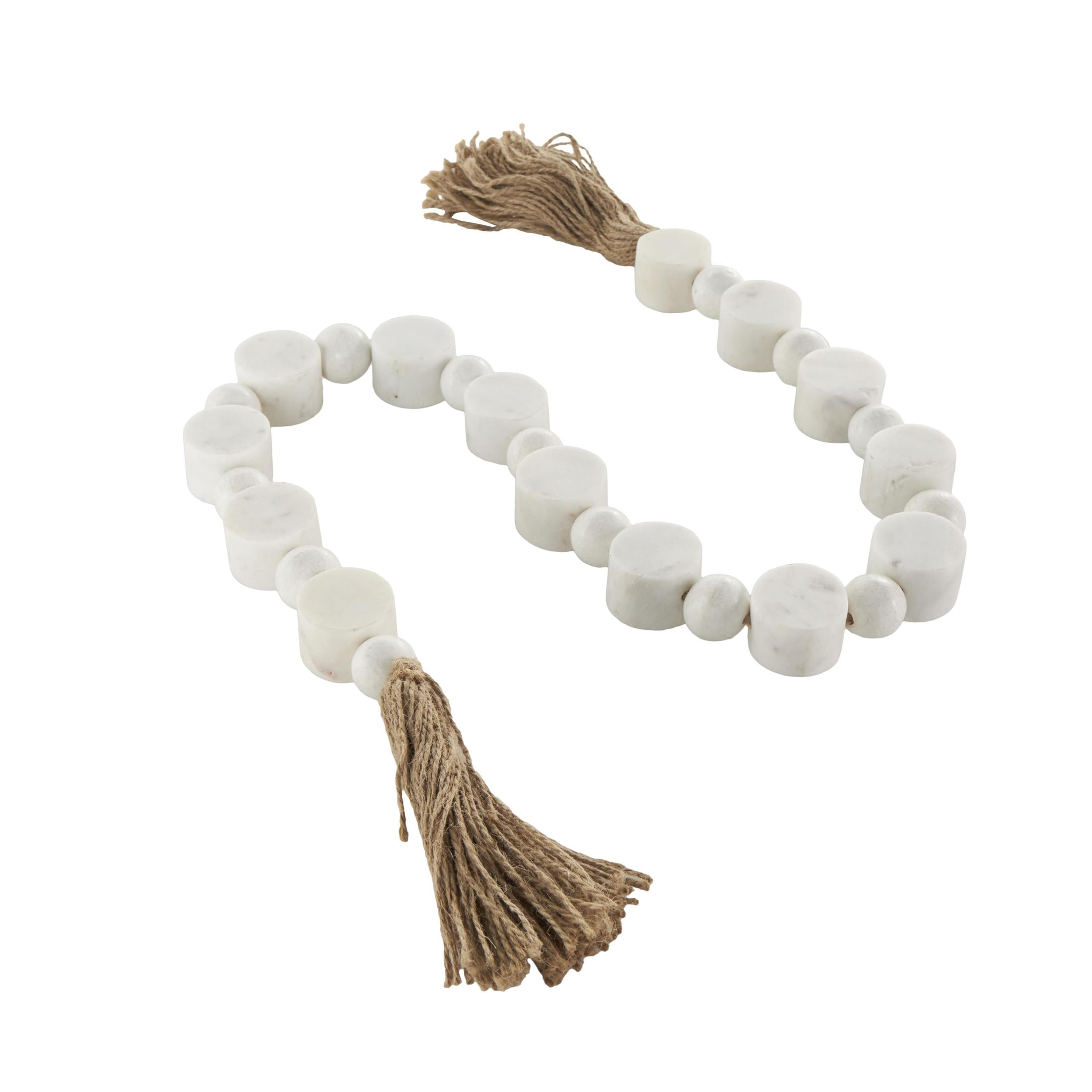 DecMode Handmade Round Extra Long Orb White Marble Garland with Tassel with Knotted Brown Jute