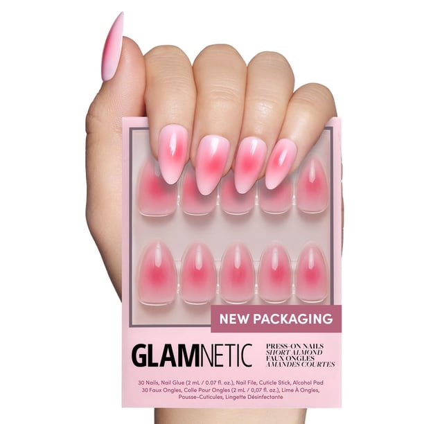 Short Press-On Nails Glamnetic Blushing Aura, color rosa almendra