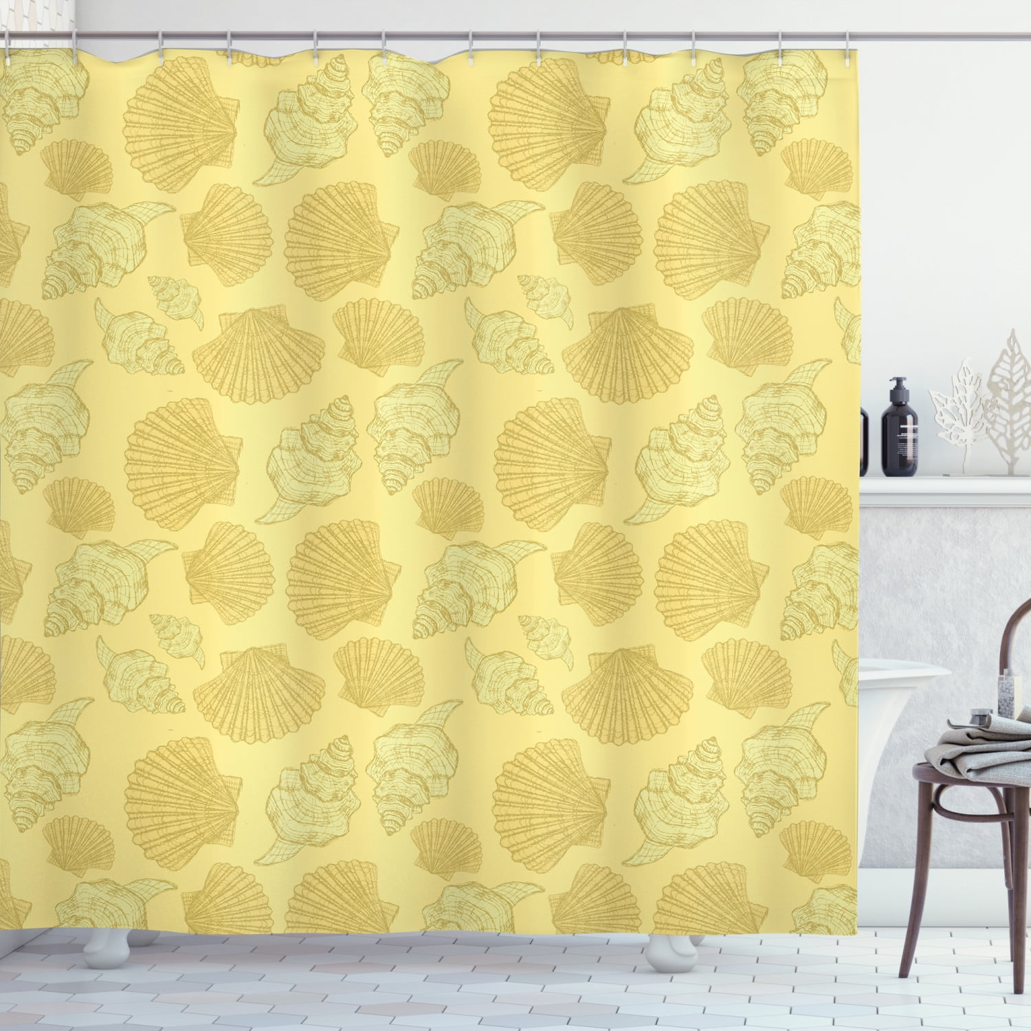 Seashell Shower Curtain, Continuous Underwater Mollusk Creatures Motifs