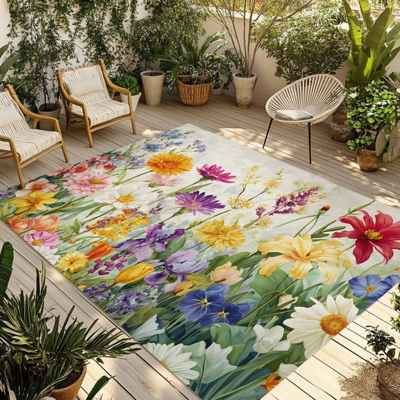 Spring Colorful Floral Outdoor Rug for Patio/Deck/Porch, Non-Slip Large Area Rug 4 x 6 Ft, Yellow Purple Pastoral Flowers Indoor Outdoor Rugs Washable Area Rugs, Reversible Camping Rug Carpet Runner