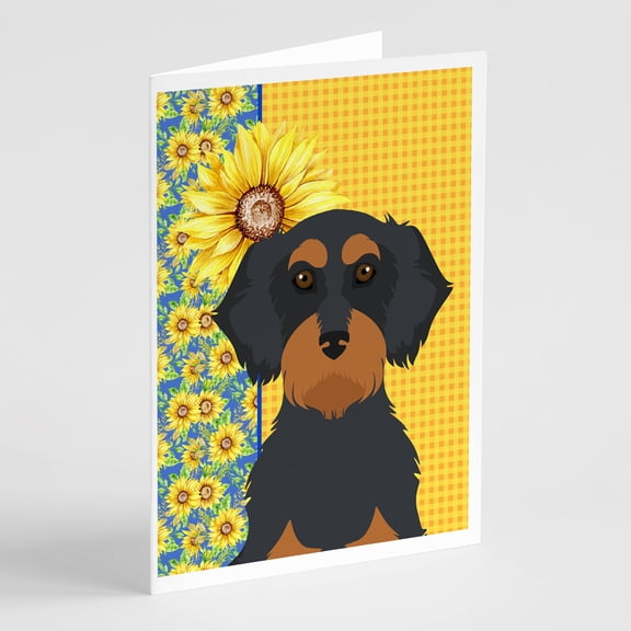 Summer Sunflowers Wirehair Black and Tan Dachshund Greeting Cards and Envelopes Pack of 8 7 in x 5 in