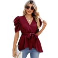 thumbnail image 2 of Yesfashion Women Dressy Deep V Neck Belted Tie Peplum Tops Empire Waist Wrap Blouse Puff Short Sleeve Shirt, 2 of 5