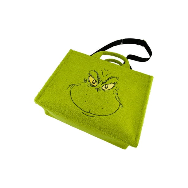 Dr. Seuss The Grinch Tote Bag, Faux Fur Travel Handbag with Adjustable Shoulder Strap and Trolley Sleeve, Green