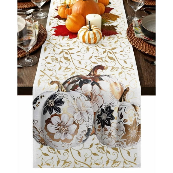 Fall Table Runner Thanksgiving Retro Pumpkin Flower Table Runners Autumn Leaf Cotton Linen Dresser Scarf Kitchen Dining Table Decor for Fall Holiday Party Decor 13x72 Inch