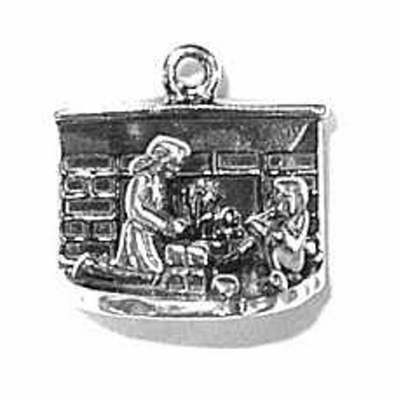Sterling Silver 24" .8mm Box Chain 3D Christmas Scene By Fireplace Pendant Necklace