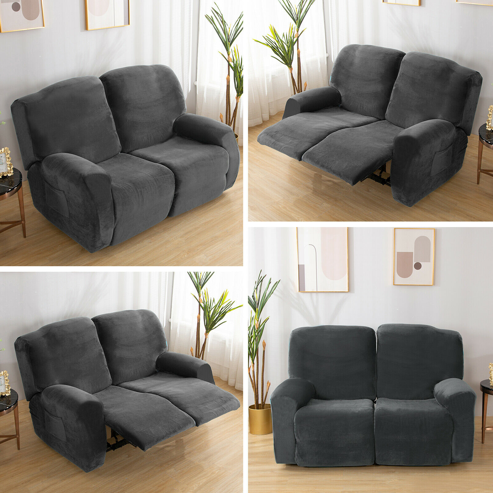 SHANNA Reclining Love Seat Slipcover, 2-Seater 6-Piece Velvet Stretch Loveseat Reclining Sofa Covers, Dark Gray