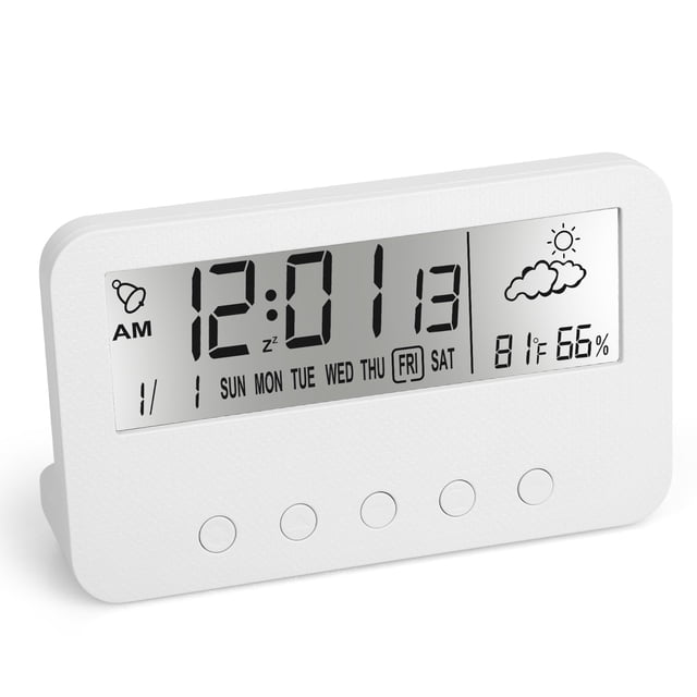 Small Alarm Clock, Digital Travel Clock Backlight Time Calendar Temperature Timer LCD Clock with Snooze Mode, Luminous Battery Powered Alarm Clock for Bedroom Office