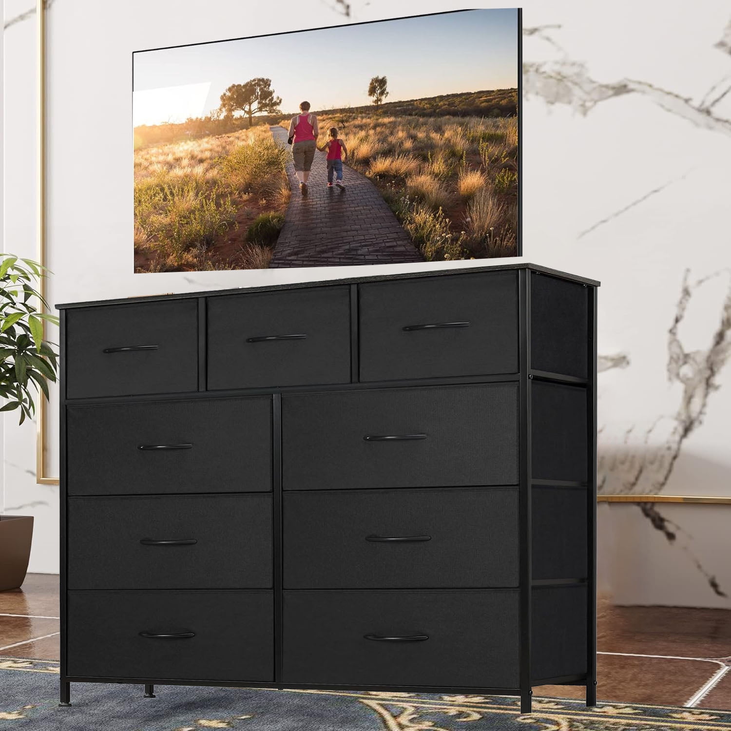 Black Dresser, Modern Simple TV Cabinet with Storage Drawers, Fabric TV Console, Media Gaming Stand for Living Room, Bedroom
