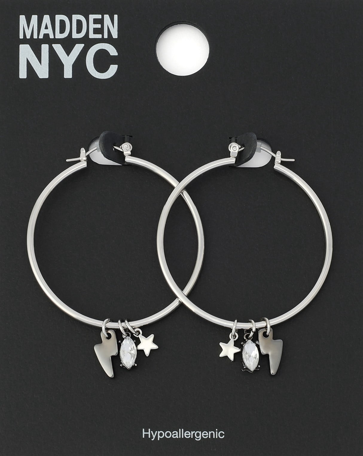 Madden NYC Women's Fashion Rhodium Lightning Bolt Charm Hoop Earrings