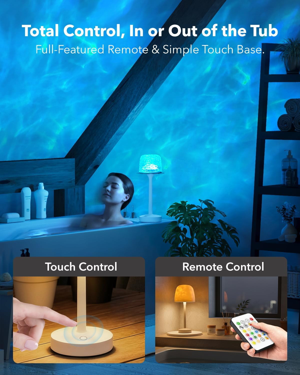 Waterproof Shower Lamp Ocean Wave Projector, Cordless Rechargeable Table Lamp Remote LED for Bathroom Outdoor Patio, RGB Battery Operated Wireless Touch Night Light for Bedroom Kitchen Counter