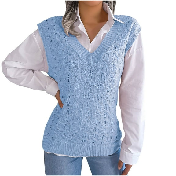 ZQGJB Women's V Neck Sweater Vest Oversized Sleeveless Hollow out Loose Knit Tops Casual Solid Color Lightweight Cable Knitted Sleeveless Sweater Light Blue M