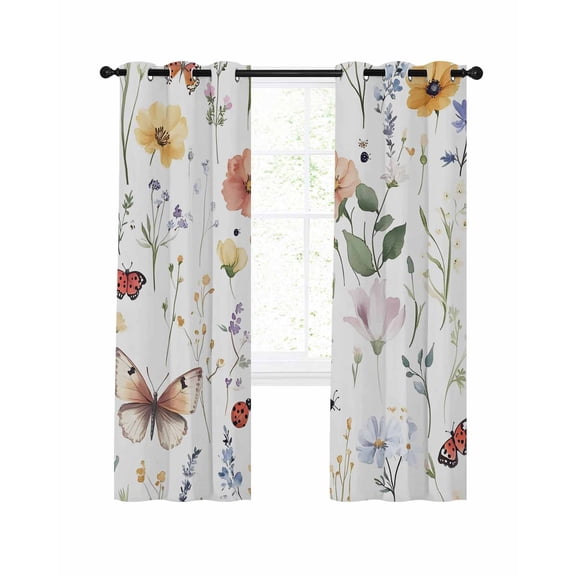 Watercolor Flower Blackout Curtains for Bedroom Living Room, Butterfly Vintage Colorful Leaves 45 In Long Thermal Insulated Room Darkening Drapes Grommet Window Treatments, 52 x 45 In