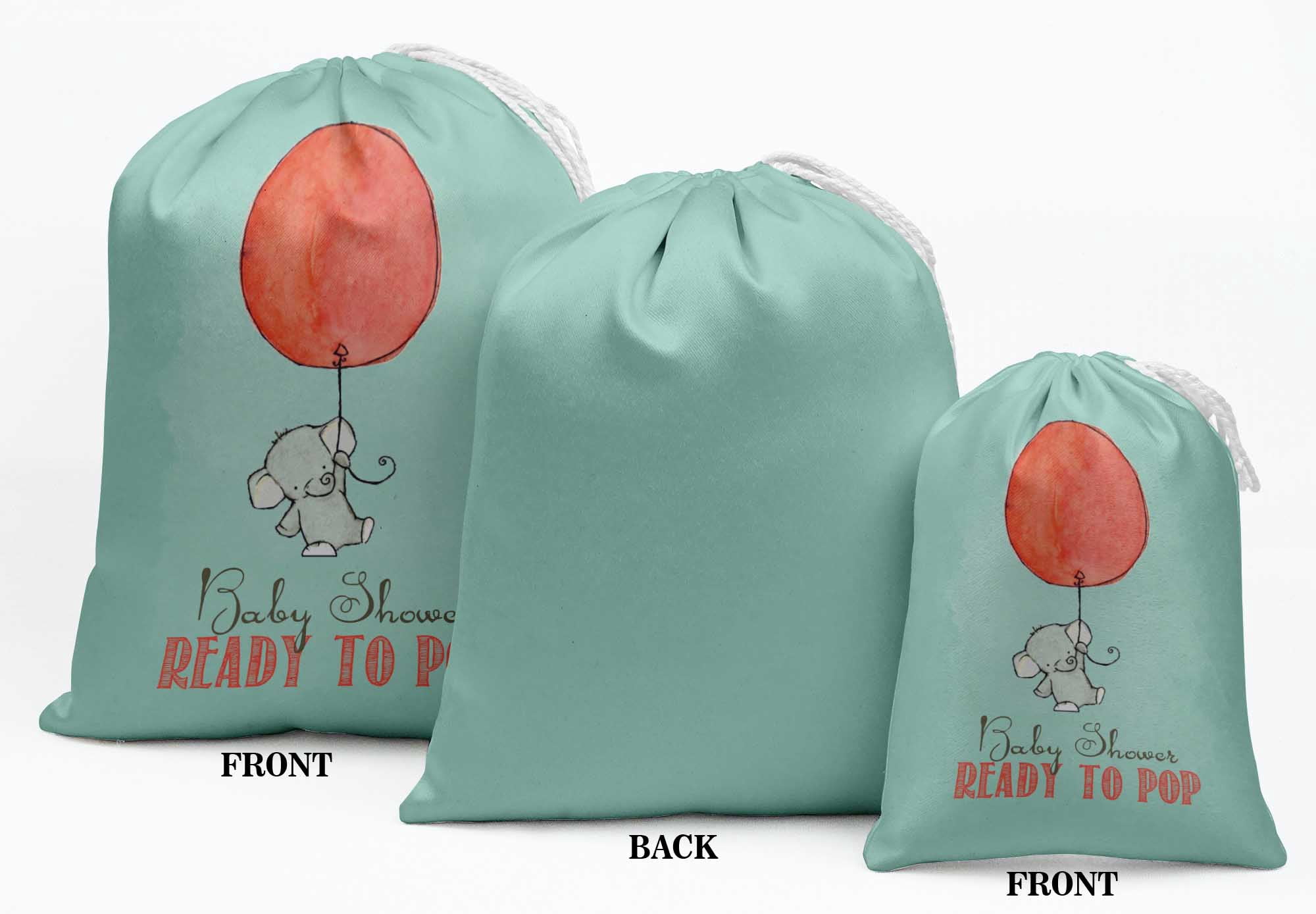 Darling Souvenir Green Elephant & Ready To Pop Baby Shower Party Supplies Favor Bags&nbsp;Drawstring Pouches&nbsp;15 Pieces