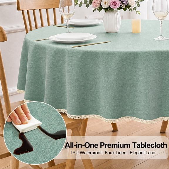 Inosoo TPU Waterproof Lace Tablecloth Round 60 Inch, Thick & Soft Oil Proof Wipe Clean Linen Table Cloth, lakeblue